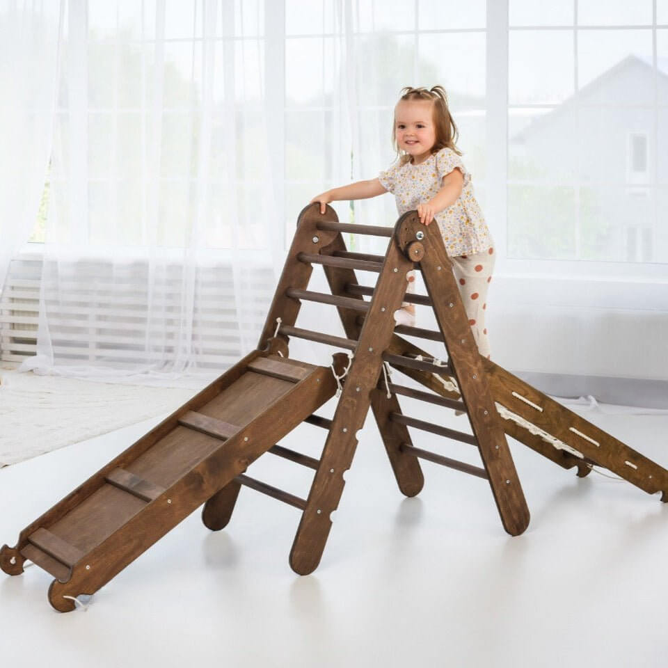 Goodevas 3 in 1 Montessori Climbing Set Triangle Ladder + Slide Board + Net
