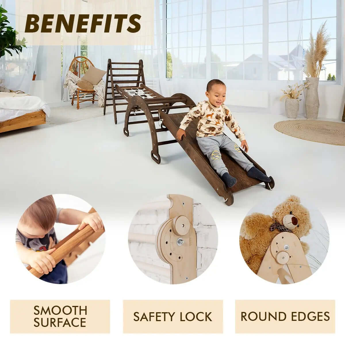 Goodevas 3 in 1 Montessori Climbing Set Triangle Ladder + Slide Board + Net