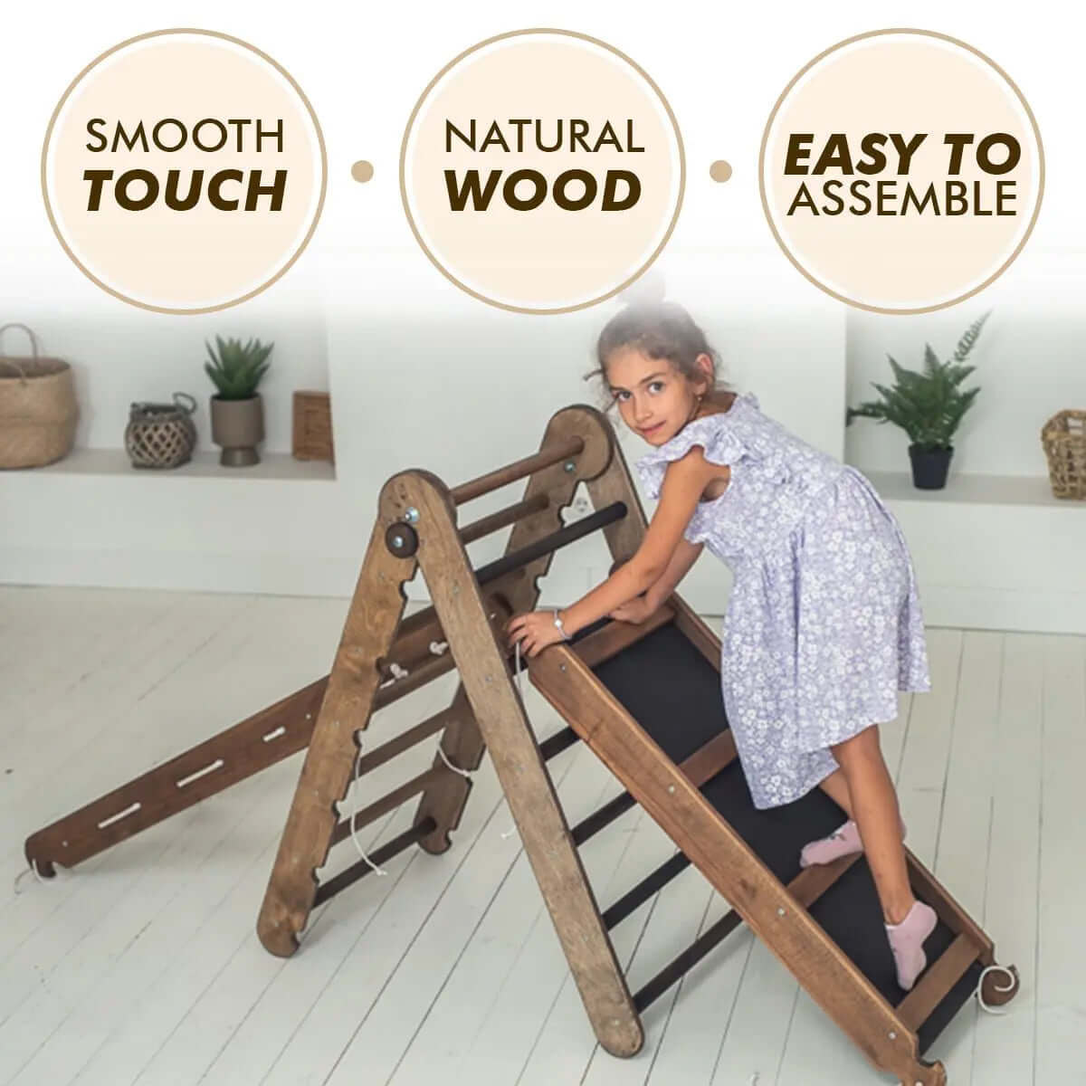 Goodevas 3 in 1 Montessori Climbing Set Triangle Ladder + Slide Board + Net