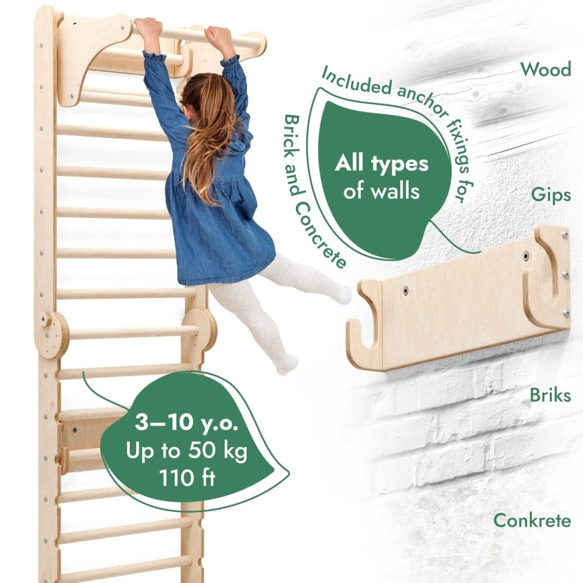 Goodevas 6 in 1 Wooden Swedish Wall Climbing Ladder Swing Set Slide Board