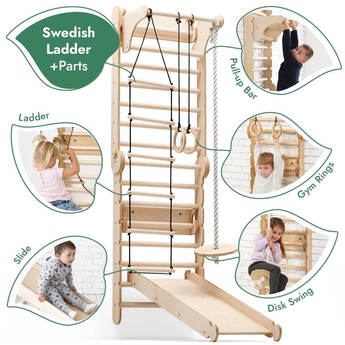 Goodevas 6 in 1 Wooden Swedish Wall Climbing Ladder Swing Set Slide Board