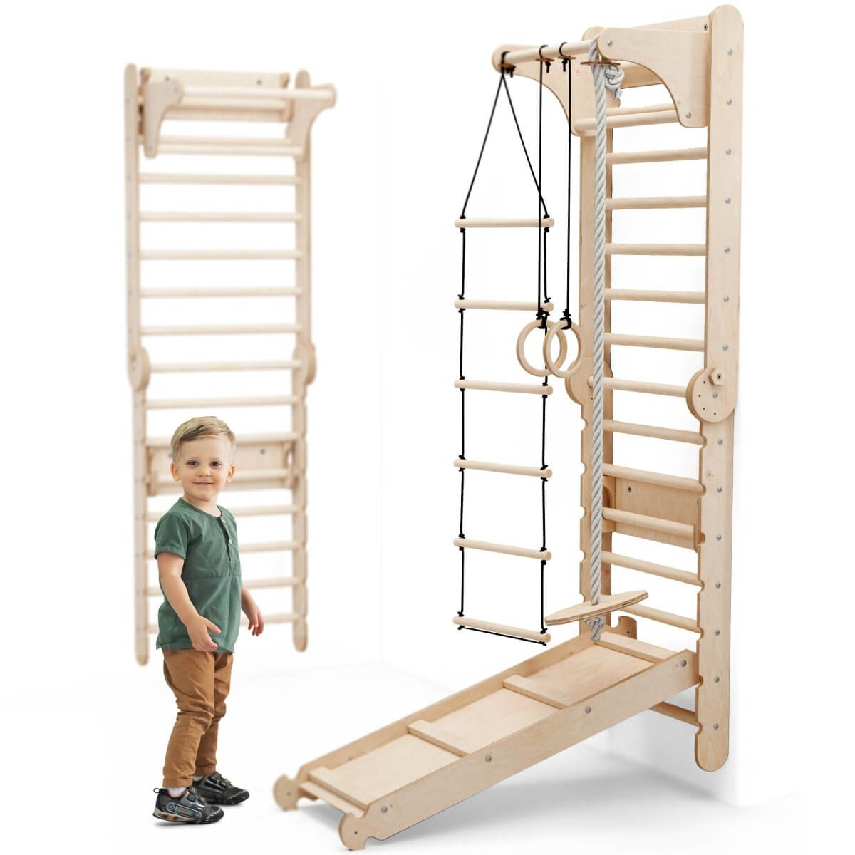 Goodevas 6 in 1 Wooden Swedish Wall Climbing Ladder Swing Set Slide Board