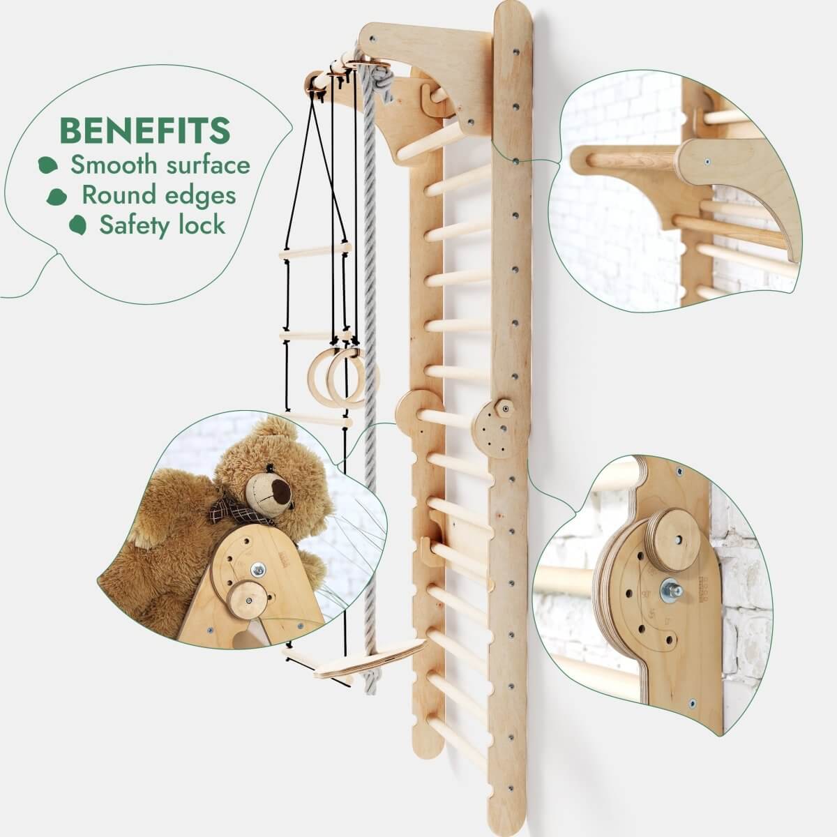Goodevas 6 in 1 Wooden Swedish Wall Climbing Ladder Swing Set Slide Board