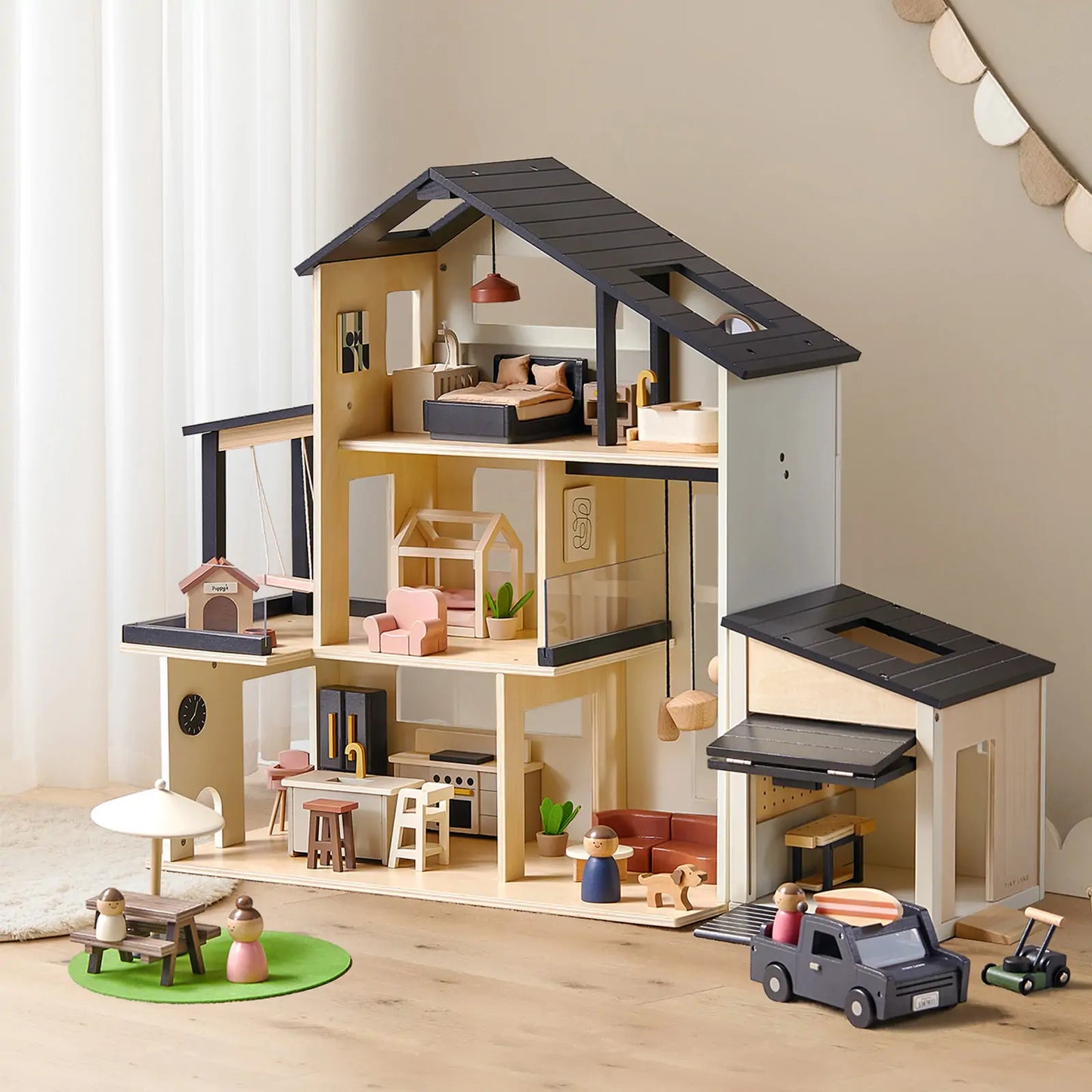 TinyLand Sweet Family Gift Dollhouse And Garage And Extra Dolls Set