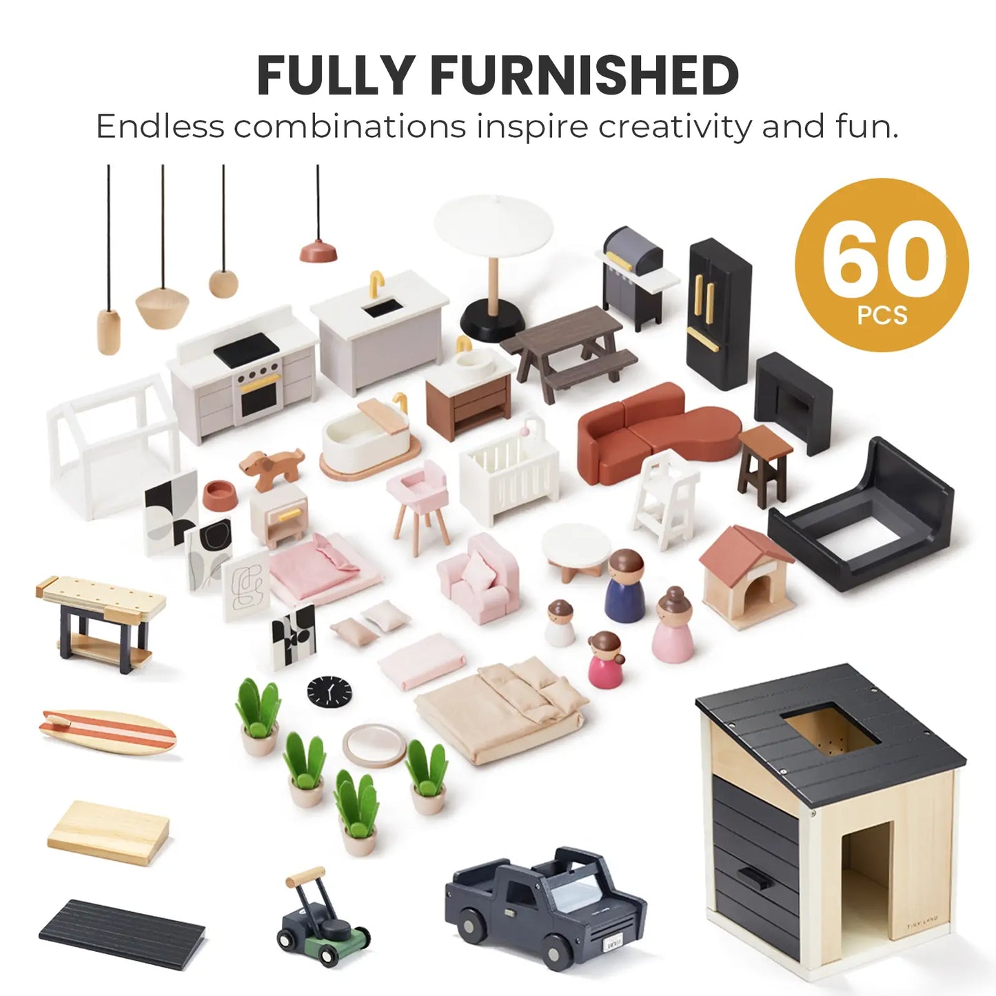 TinyLand Sweet Family Gift Dollhouse And Garage And Extra Dolls Set