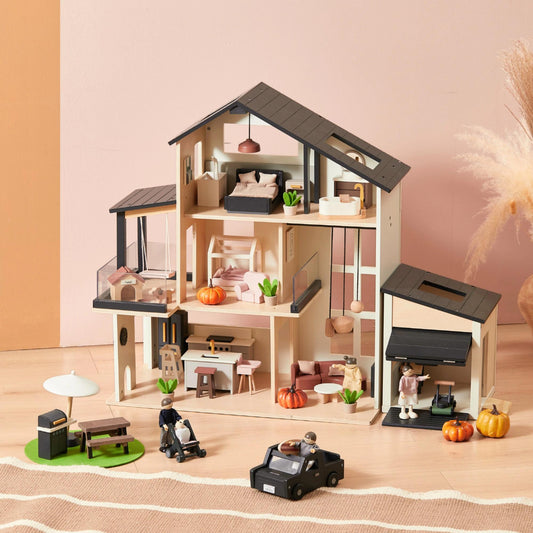 TinyLand Sweet Family Gift Dollhouse And Garage And Extra Dolls Set