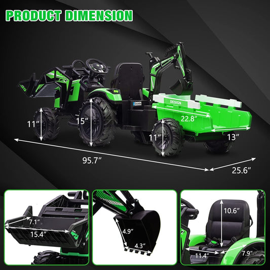 Magic Cars Kids Ride-On Tractor With Trailer Excavator And Bulldozer