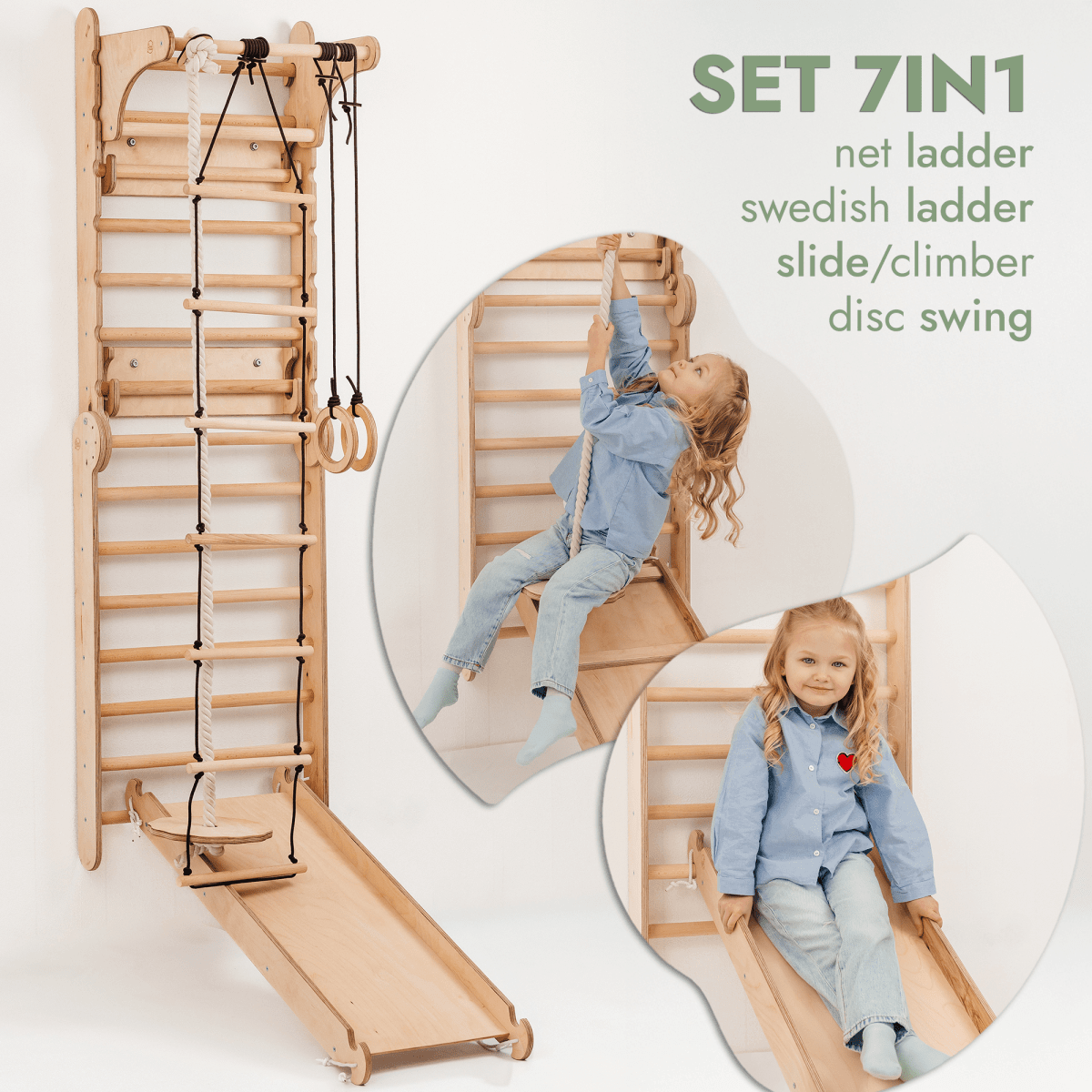 Goodevas Wooden Swedish Wall Climbing Children Swing Set Slide Board