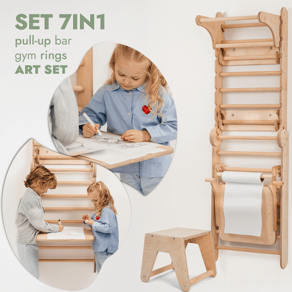 Goodevas Wooden Swedish Wall Climbing Children Swing Set Slide Board
